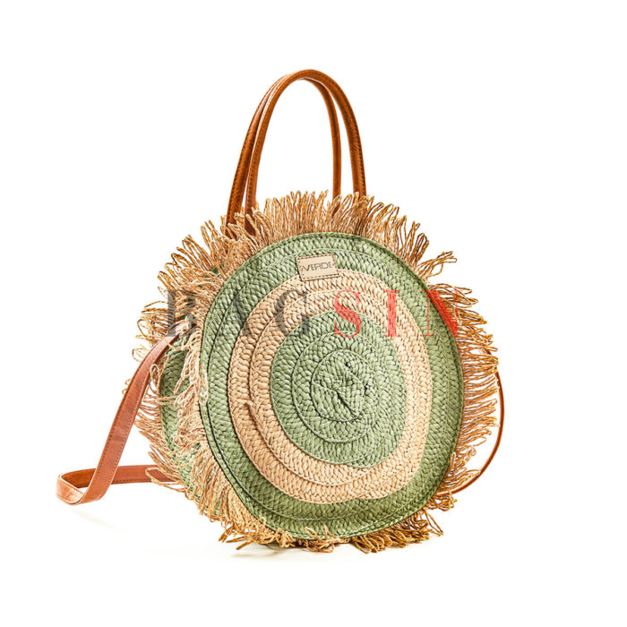 Τσάντα Ώμου-Χειρός Ψάθινη Στρογγυλή Με Κρόσσια Verde 48-60 Μπεζ-Φιστικί-Ταμπά